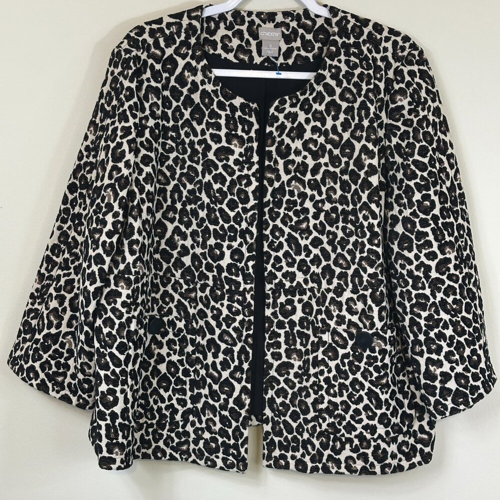 Chico's Open Front Blazer Leopard Print Women's Sz 3 / 16 Jacquard Jacket